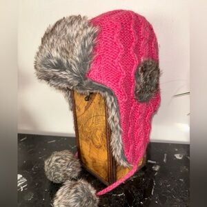 SUNDANCE Nirvanna
Designs Hand KNIT Faux Fur TRAPPER Hat, POM POMS Hot Pink